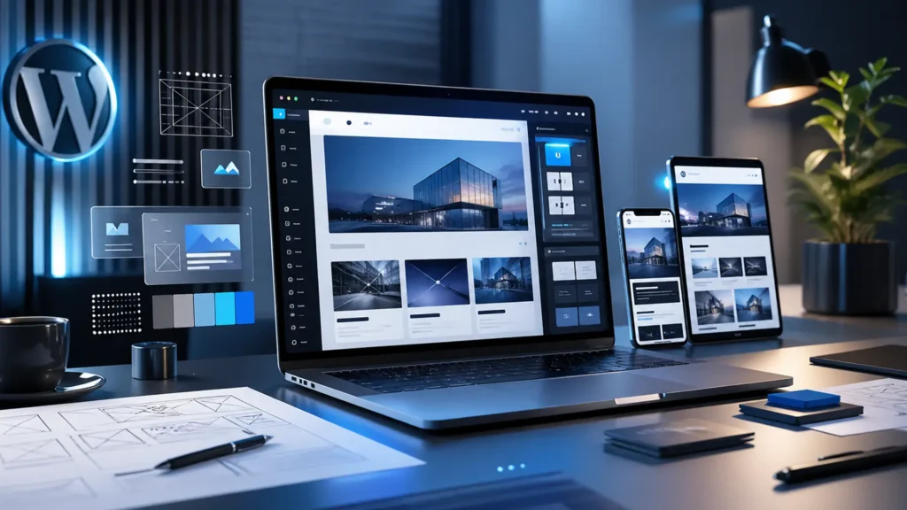 Рабочее место с ноутбуком и интерфейсом сайта на WordPress