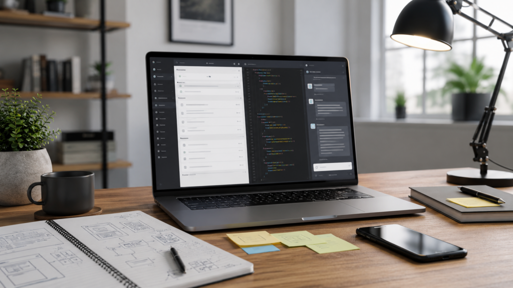 Рабочий стол WordPress-разработчика с ноутбуком, кодом, заметками и AI-инструментами для ускорения задач