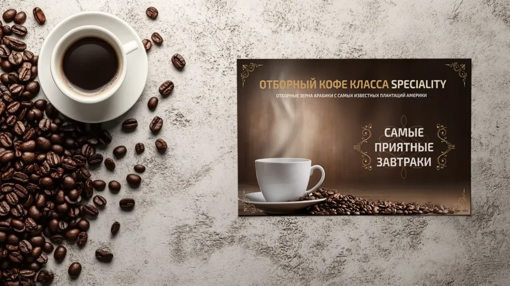 Чашка кофе speciality с кофейными зёрнами и баннером завтраков ресторана