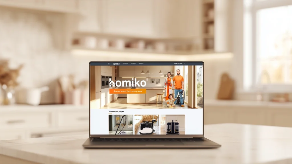 Главная страница сайта Homiko.ru с каталогом техники и фирменным дизайном