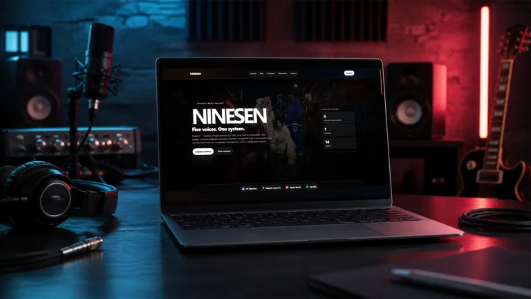 Ноутбук с черным экраном для мокапа сайта музыкального проекта NineSen