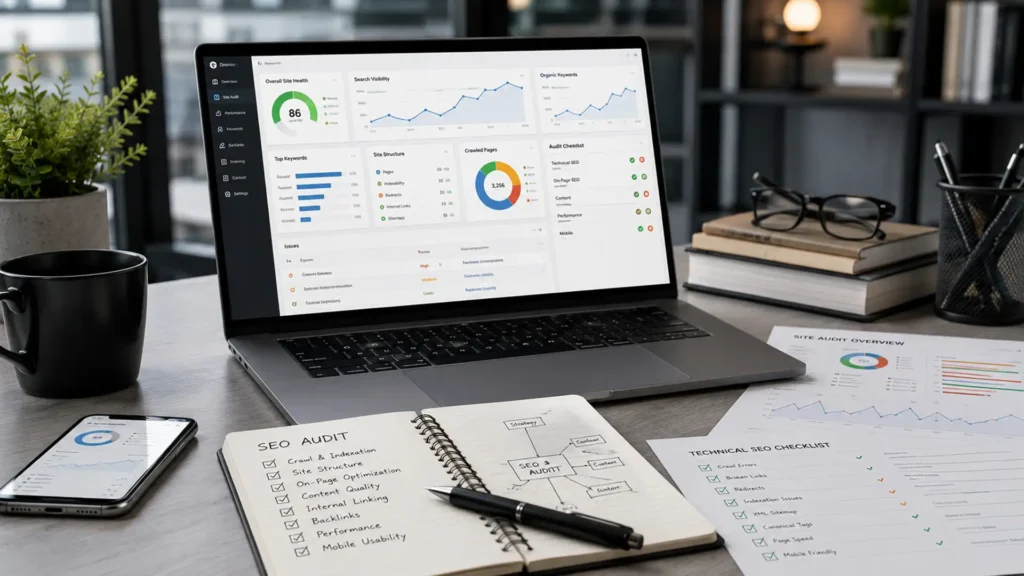 Ноутбук с SEO-аналитикой сайта, графиками видимости, чек-листом аудита и заметками на рабочем столе