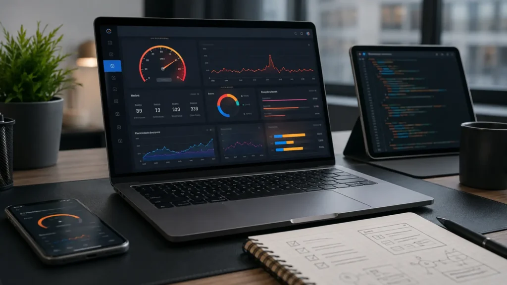 Ноутбук с графиками скорости сайта, показателями Core Web Vitals, чек-листом оптимизации и техническими заметками