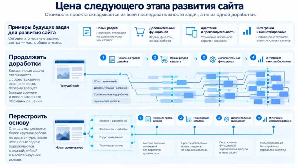 Сравнение накопительной стоимости доработок и перестройки основы сайта