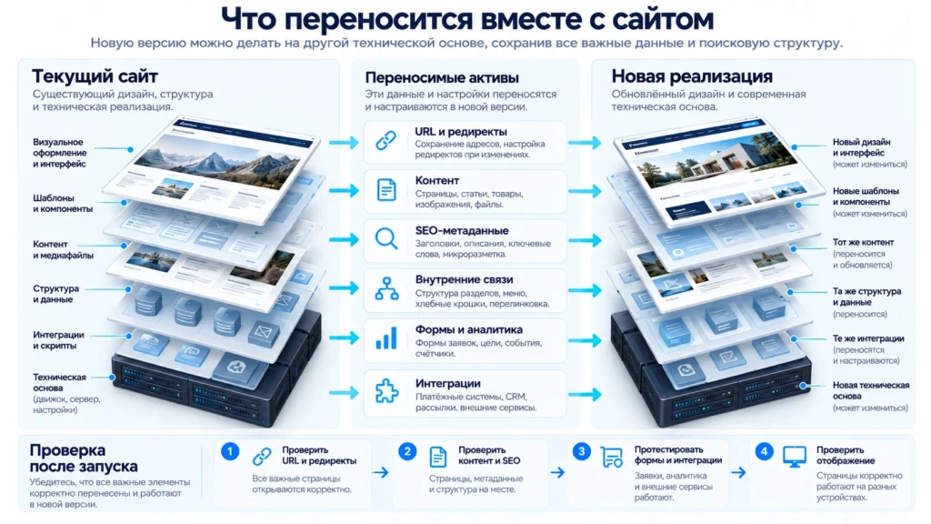 Схема сохранения URL, контента, SEO и интеграций при переделке сайта