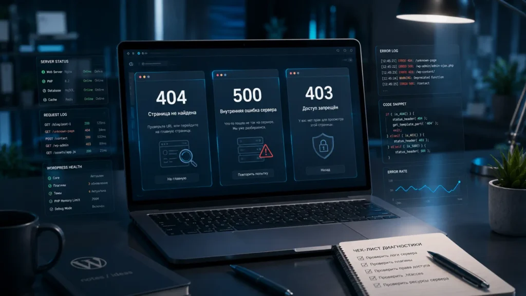 Ноутбук с ошибками 404, 500 и 403, техническими логами, чек-листом диагностики и схемой восстановления сайта