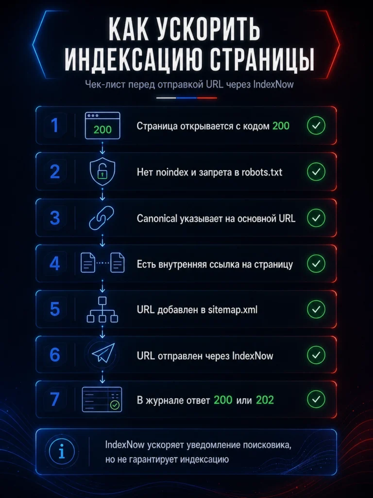 Премиальный чек-лист ускорения индексации страниц в Яндексе и Bing через IndexNow