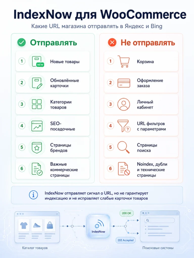 Какие URL WooCommerce отправлять через IndexNow в Яндекс и Bing