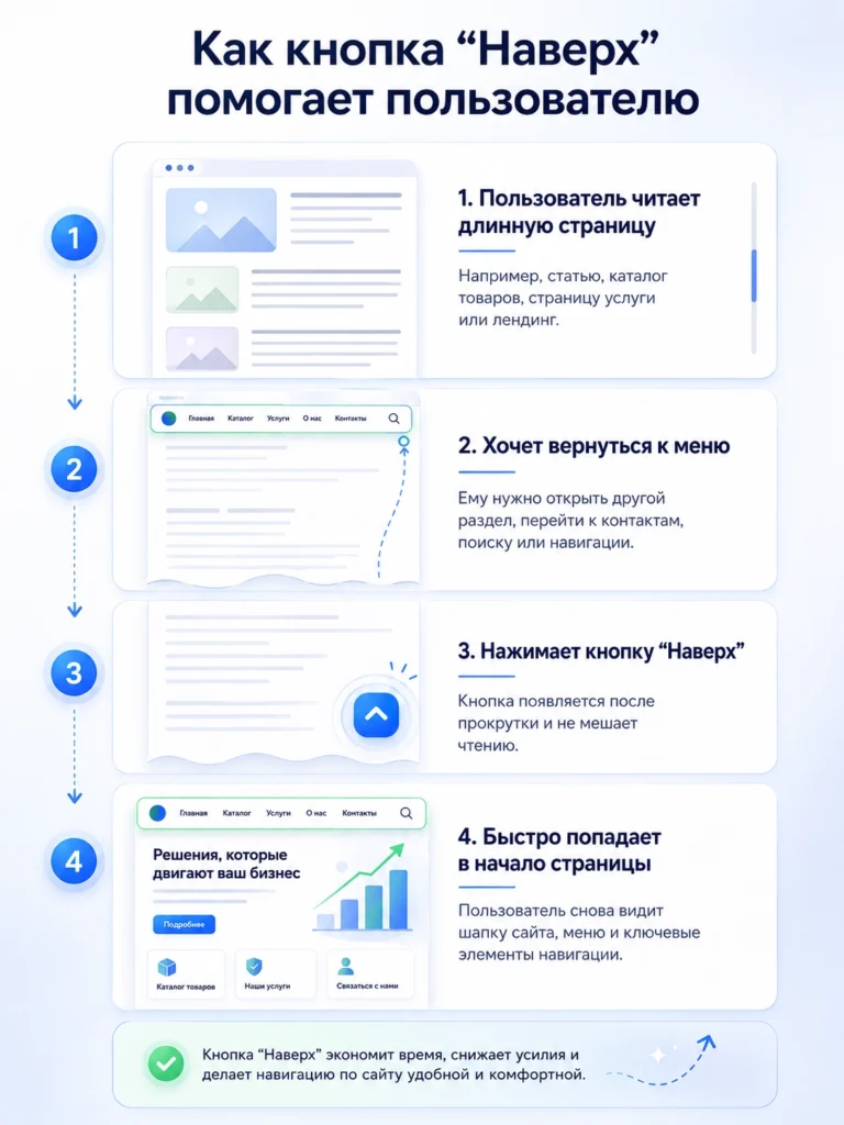 Как кнопка «Наверх» улучшает навигацию и ускоряет возврат к шапке сайта Инфографика о том, как кнопка «Наверх» помогает пользователю быстрее возвращаться к меню сайта и улучшает навигацию на длинных страницах