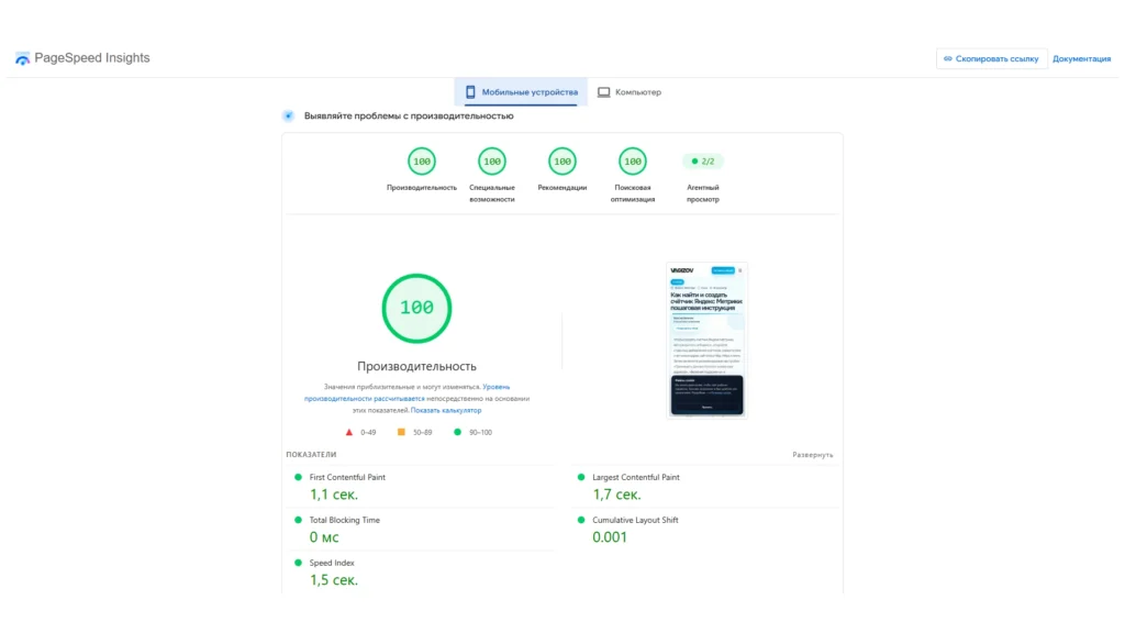 Агентный просмотр в PageSpeed Insights среди основных категорий аудита сайта