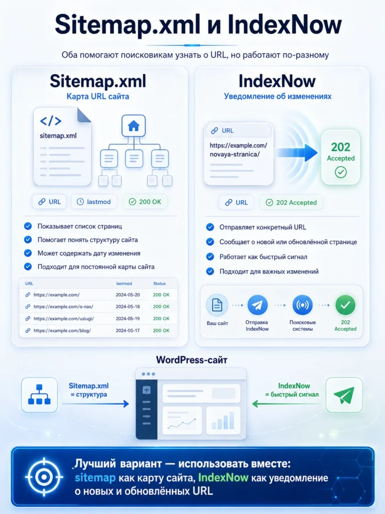 Инфографика про разницу между sitemap.xml и IndexNow Сравнение sitemap.xml и IndexNow для WordPress