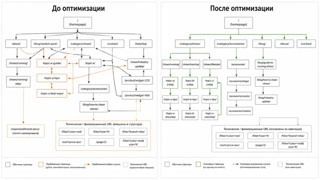 Оптимизация архитектуры и внутренних ссылок сайта Структура сайта до и после SEO-оптимизации