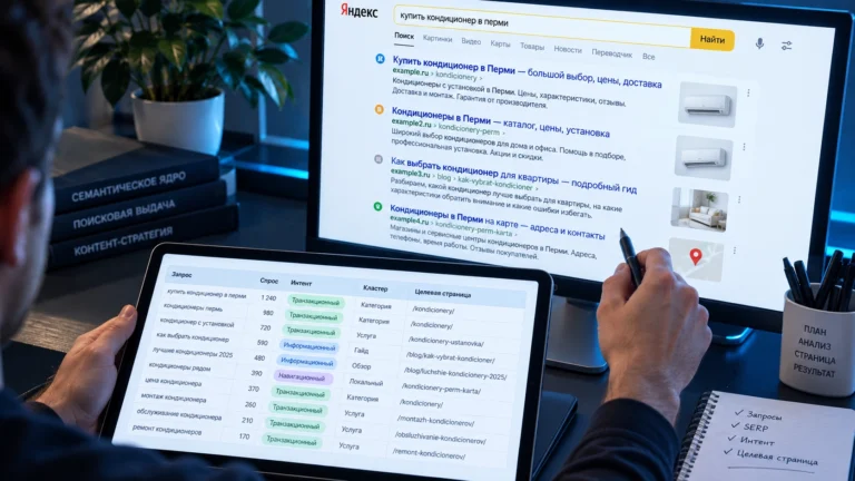 Специалист сопоставляет запросы с поисковой выдачей перед SEO-оптимизацией