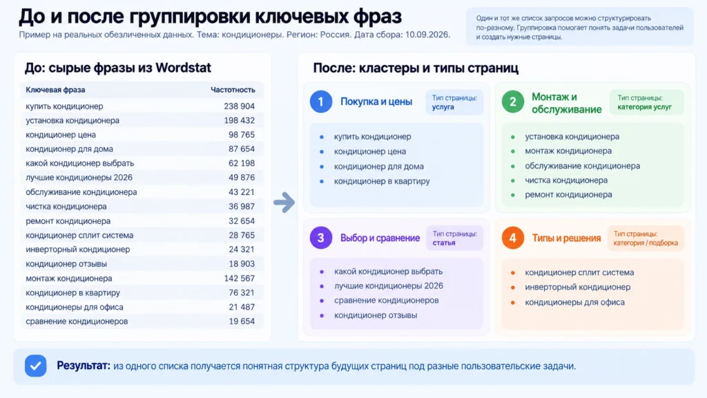 Результат группировки ключевых фраз Ключевые фразы до и после кластеризации