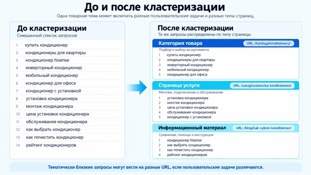 Кластеризация коммерческих запросов по страницам Коммерческие запросы до и после группировки по интенту