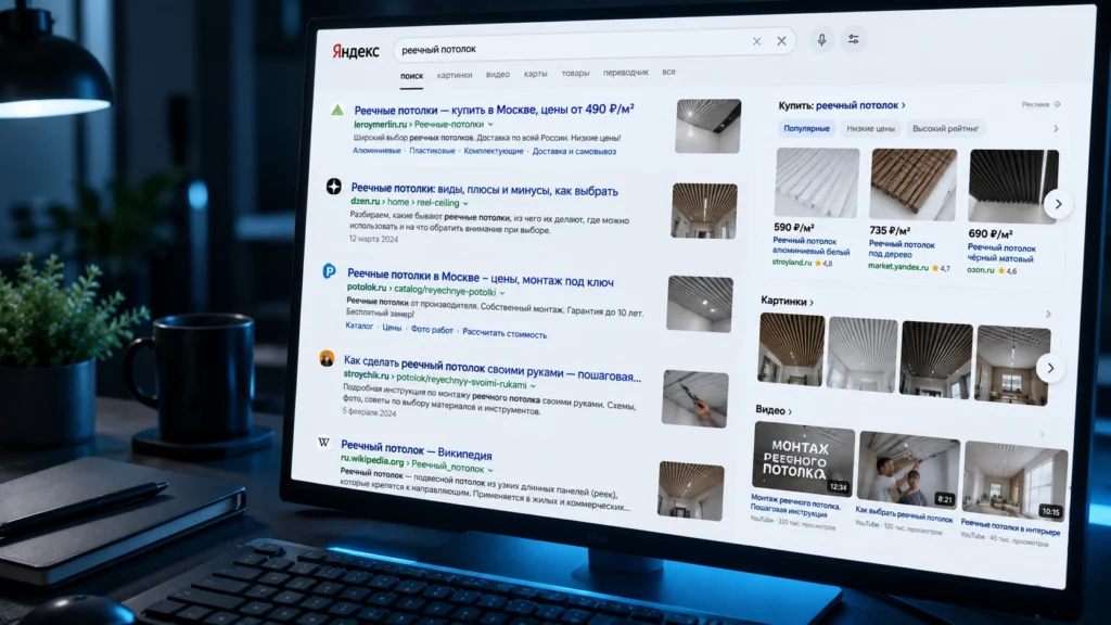 Поисковая выдача с несколькими SEO-конкурентами разных типов