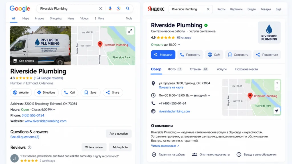 Карточки бизнеса в локальном поиске Google и Яндекса