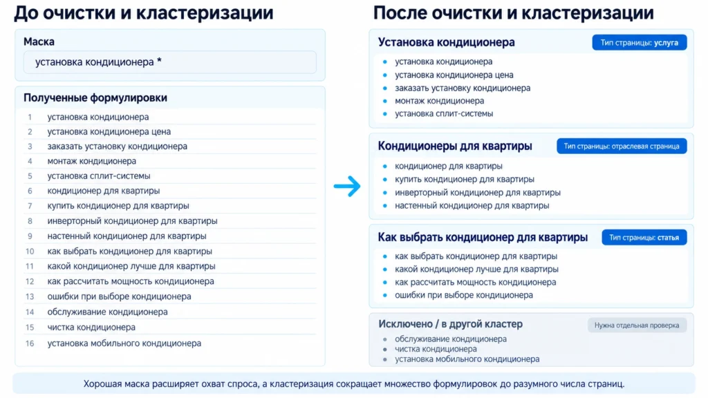 Результат работы с масками ключевых слов Запросы из маски до и после очистки и кластеризации