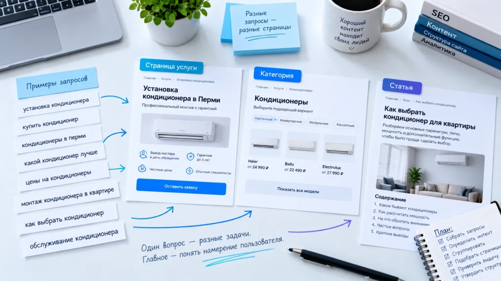 Поисковые запросы рядом с разными типами страниц сайта