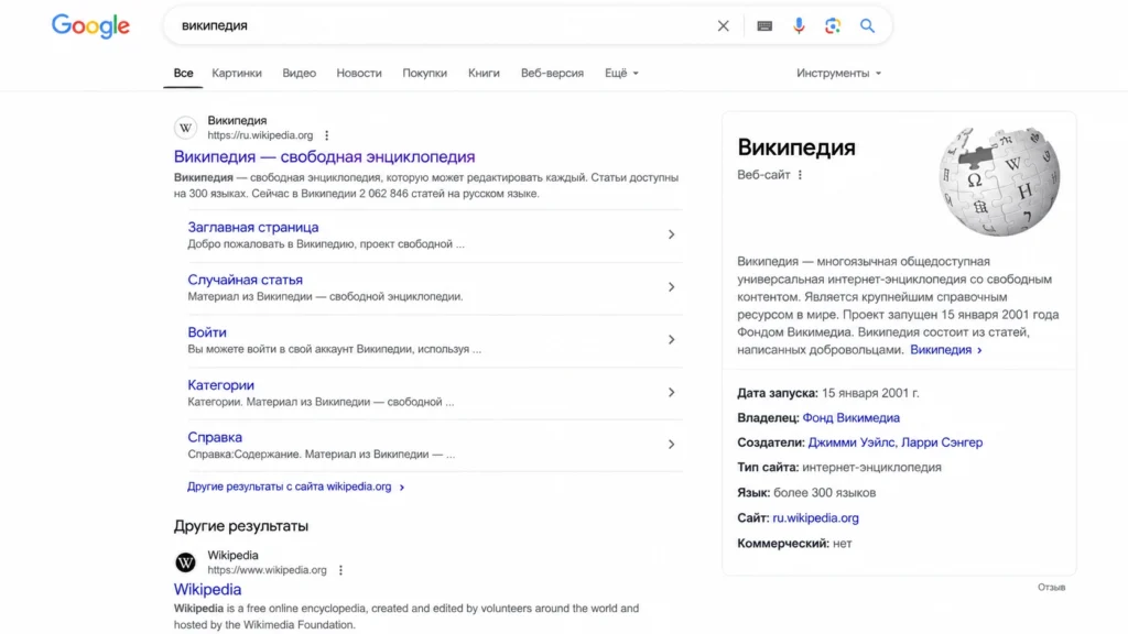 Пример поисковой выдачи по навигационному запросу