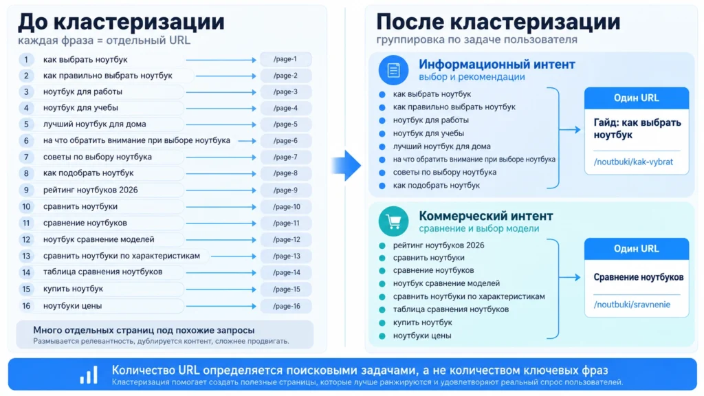 Поисковые запросы до и после кластеризации по интенту
