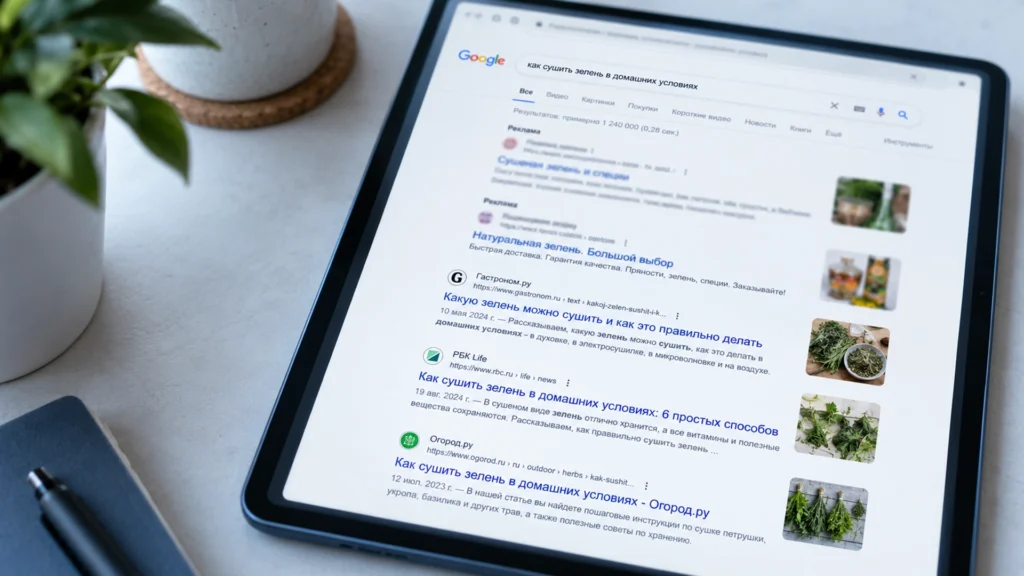 Поисковая выдача с органическими результатами на экране планшета