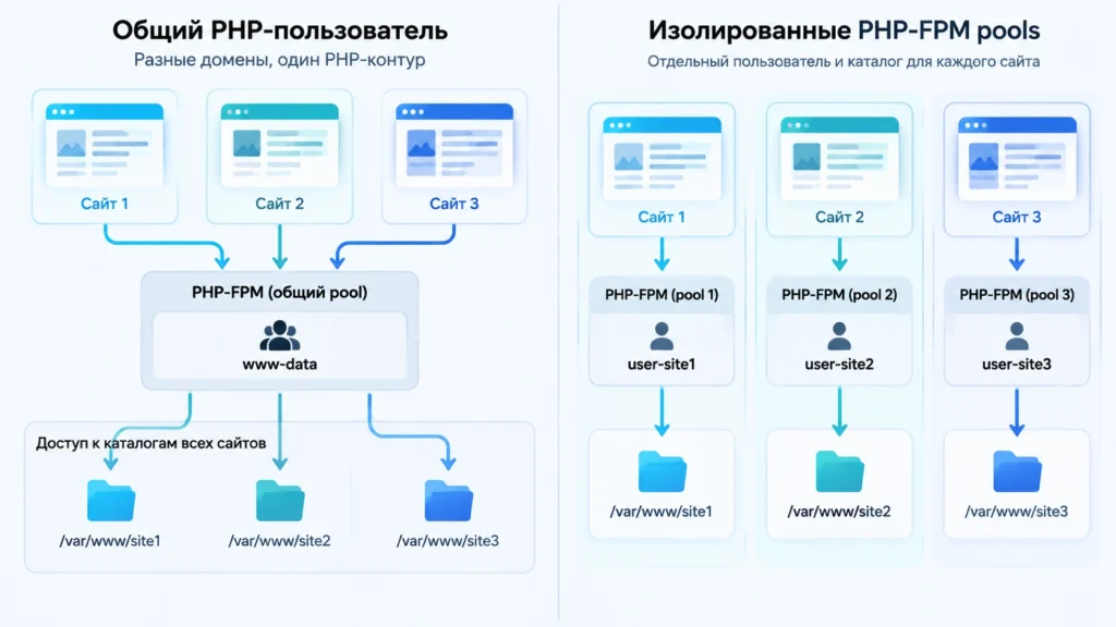 Изоляция сайтов через отдельные PHP-FPM pools Сравнение общего PHP-FPM пользователя и отдельных pools для нескольких сайтов