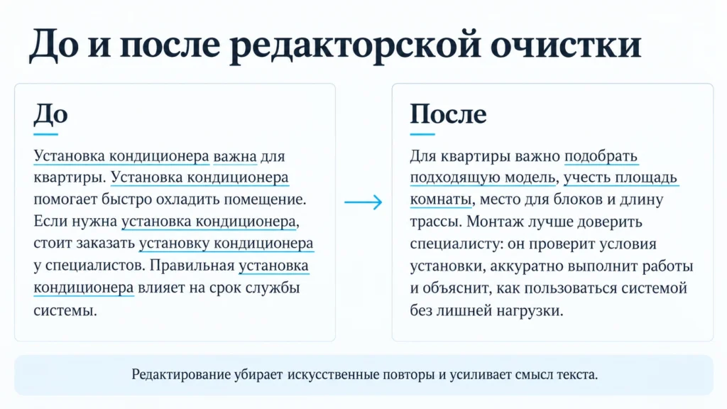 Переоптимизированный текст до и после удаления повторов