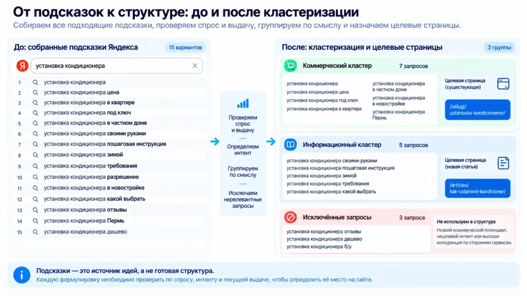 Результат обработки поисковых подсказок Подсказки Яндекса до и после проверки и кластеризации