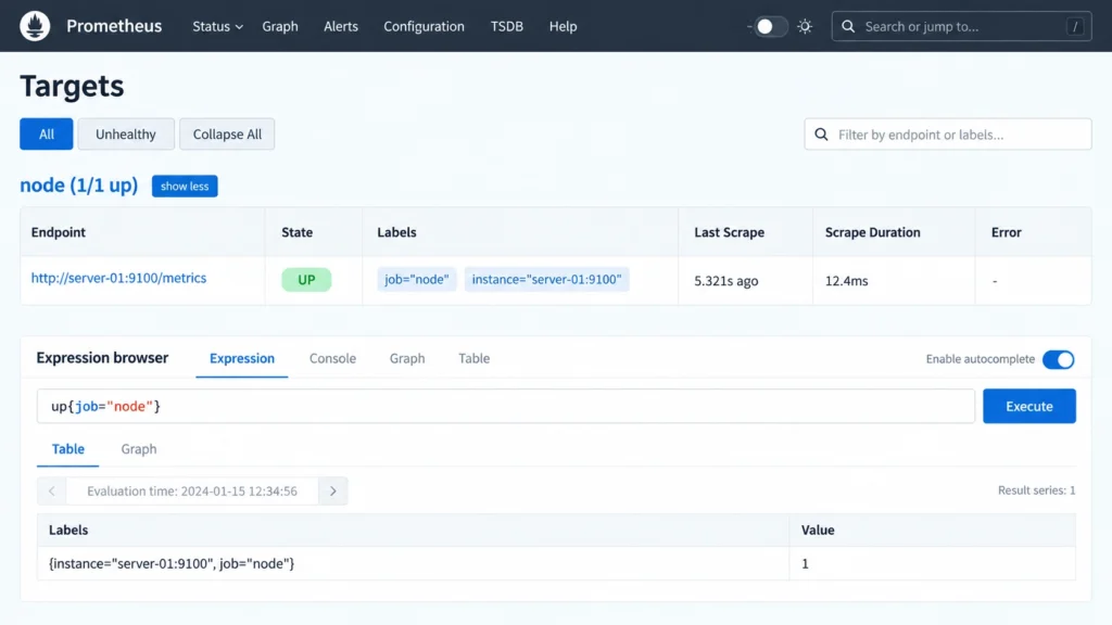 Проверка подключения сервера к Prometheus Target node_exporter со статусом UP в интерфейсе Prometheus
