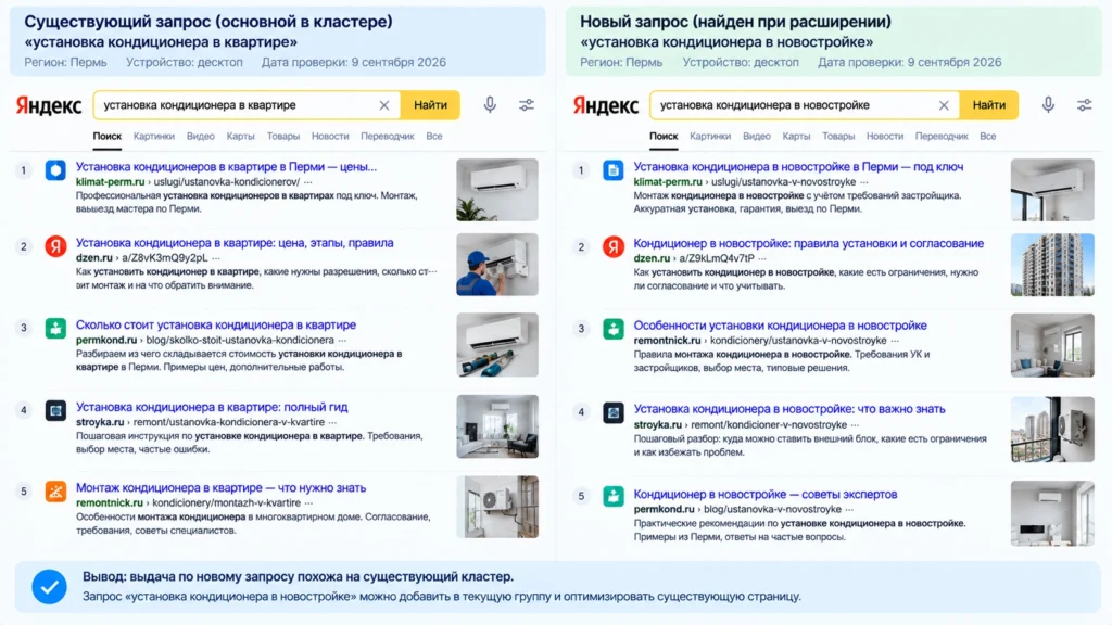 Сравнение поисковой выдачи при расширении семантики