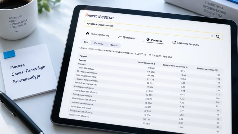 Раздел Регионы в Яндекс Wordstat с распределением поискового спроса