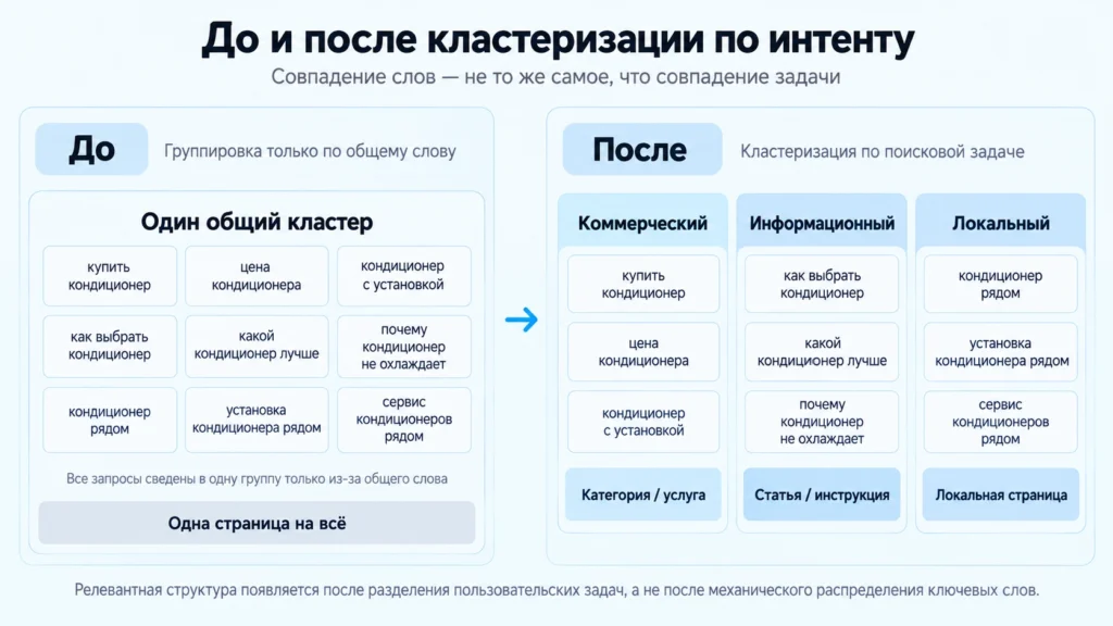Запросы до и после кластеризации по поисковому интенту