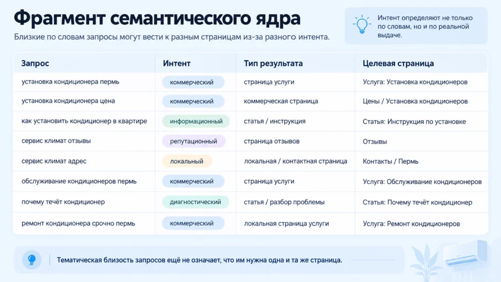 Запросы одного тематического ядра с разным поисковым интентом