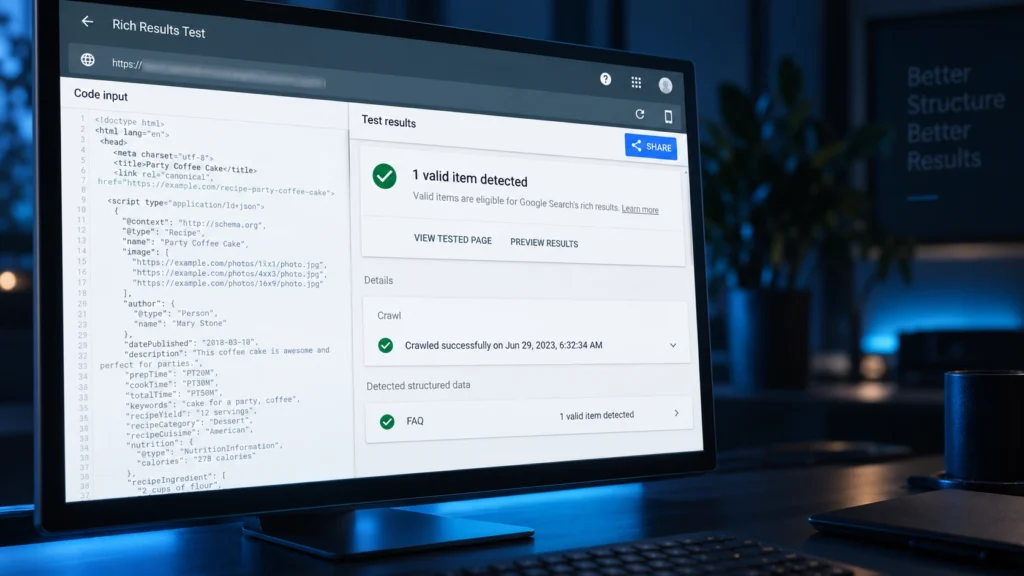 Google Rich Results Test на экране монитора во время проверки структурированных данных