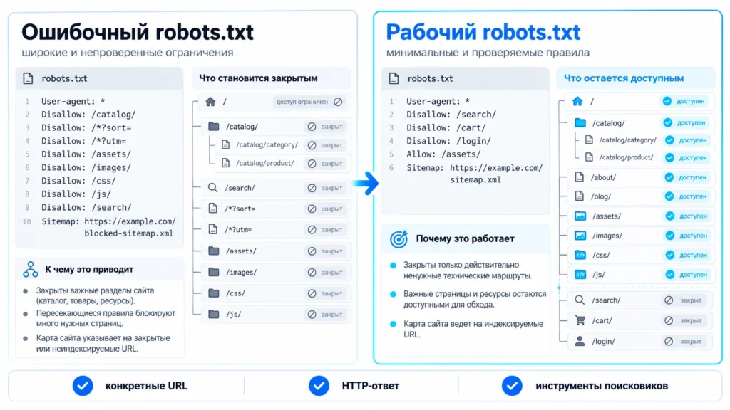 Сравнение ошибочного и правильно настроенного robots.txt