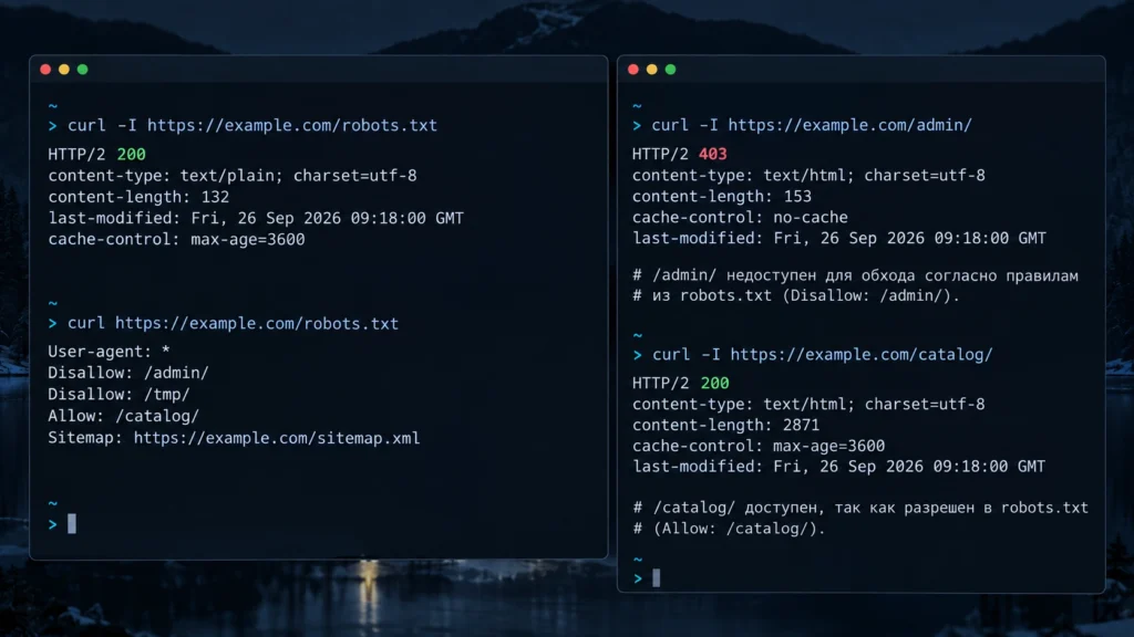 Проверка файла robots.txt и HTTP-ответа через curl