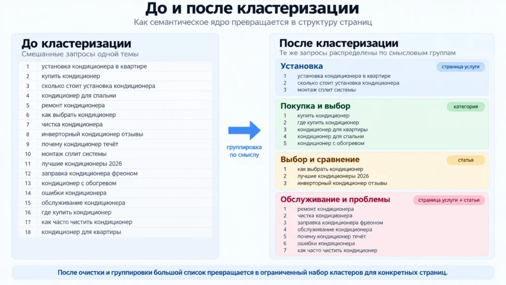 Семантическое ядро до и после очистки и кластеризации