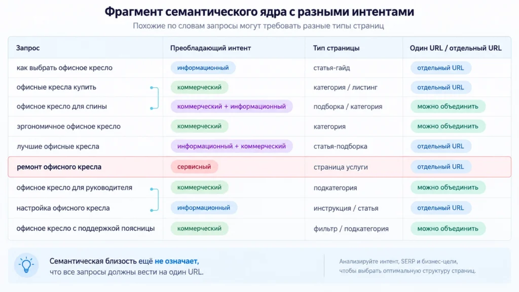 Как интент влияет на распределение запросов по страницам Фрагмент семантического ядра с интентом и типом страницы для каждого запроса