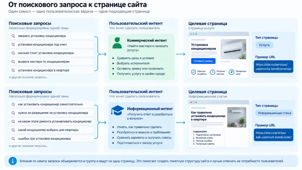 Связь поисковых запросов, интента и страниц сайта