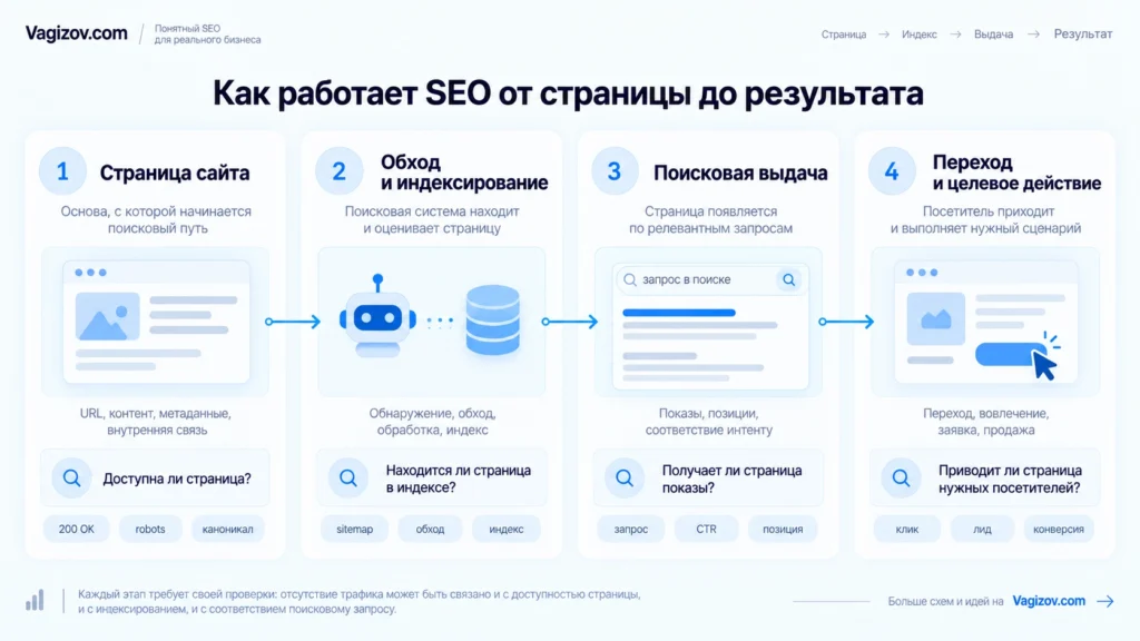 Как SEO связывает страницу с поисковым результатом Схема от страницы сайта до поискового трафика