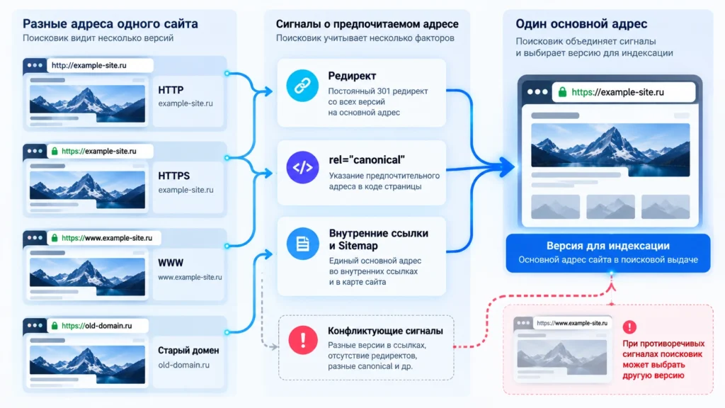 Схема объединения зеркал сайта в один основной адрес