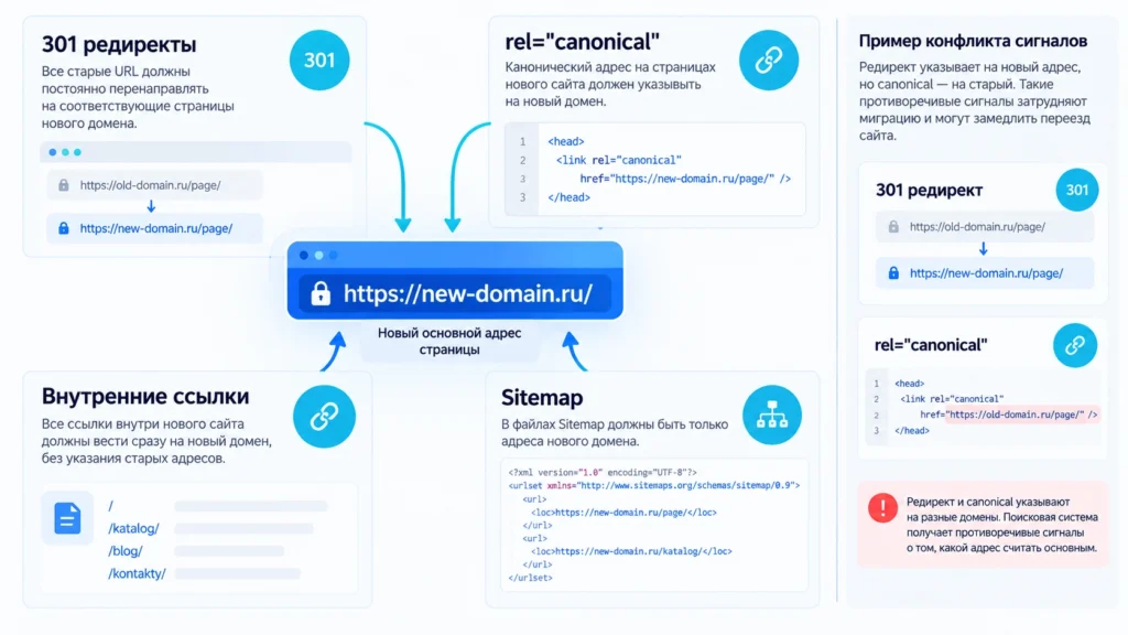 Редирект canonical внутренние ссылки и Sitemap при смене домена