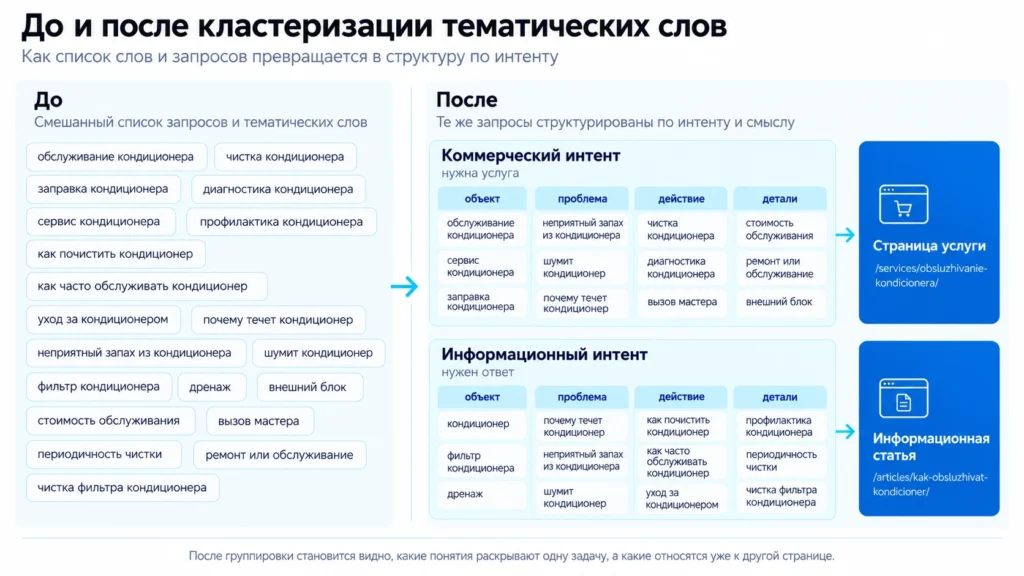Кластеризация тематической лексики страницы Тематические слова до и после группировки по интенту