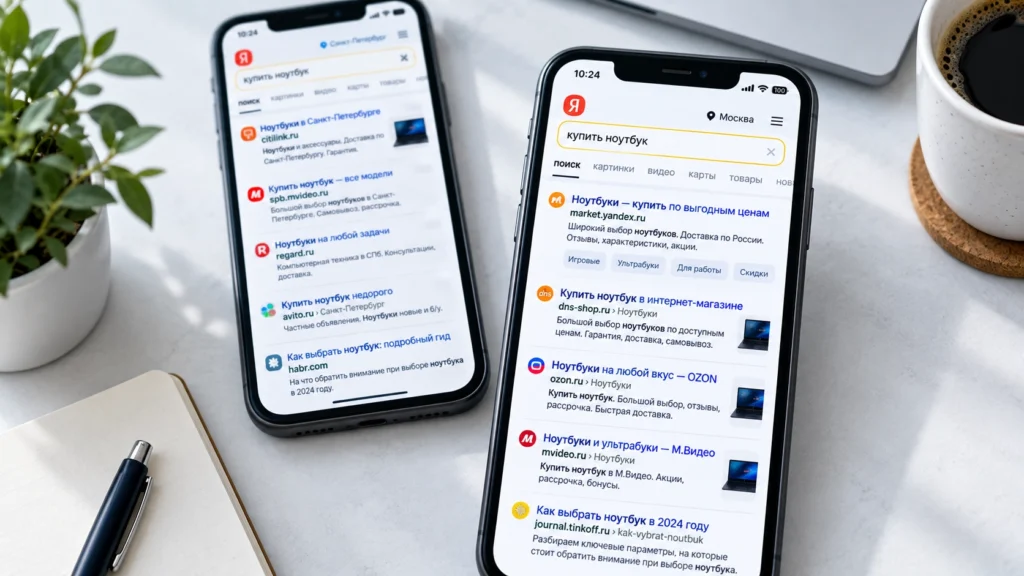 Выдача Яндекса по одному запросу на двух смартфонах
