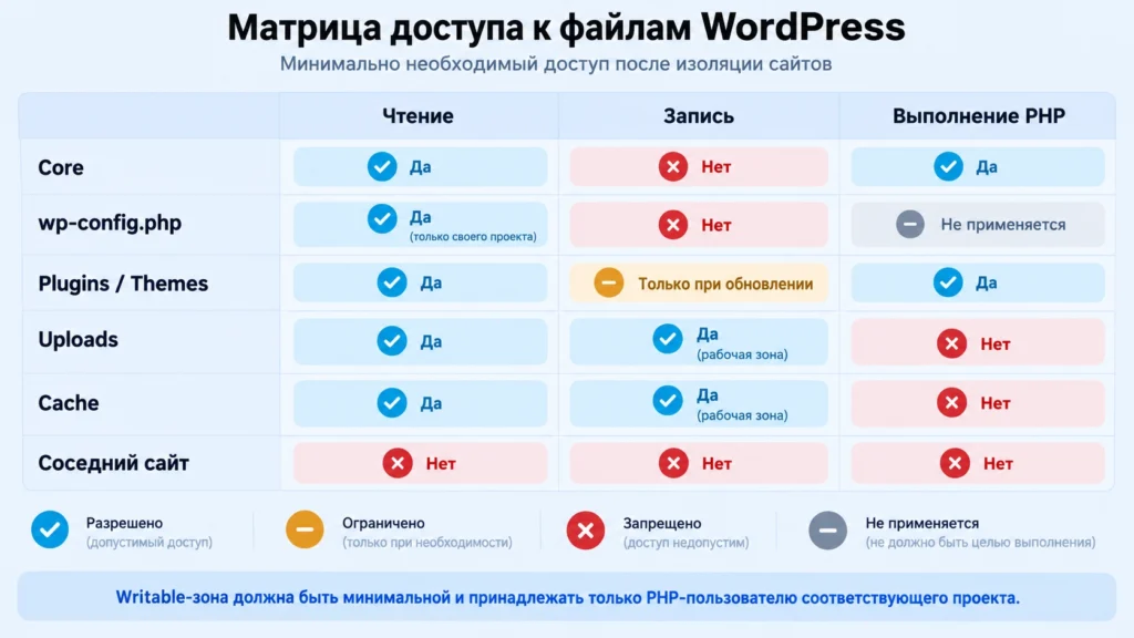 Какие каталоги WordPress должны быть writable Матрица доступа PHP к каталогам WordPress после изоляции сайтов