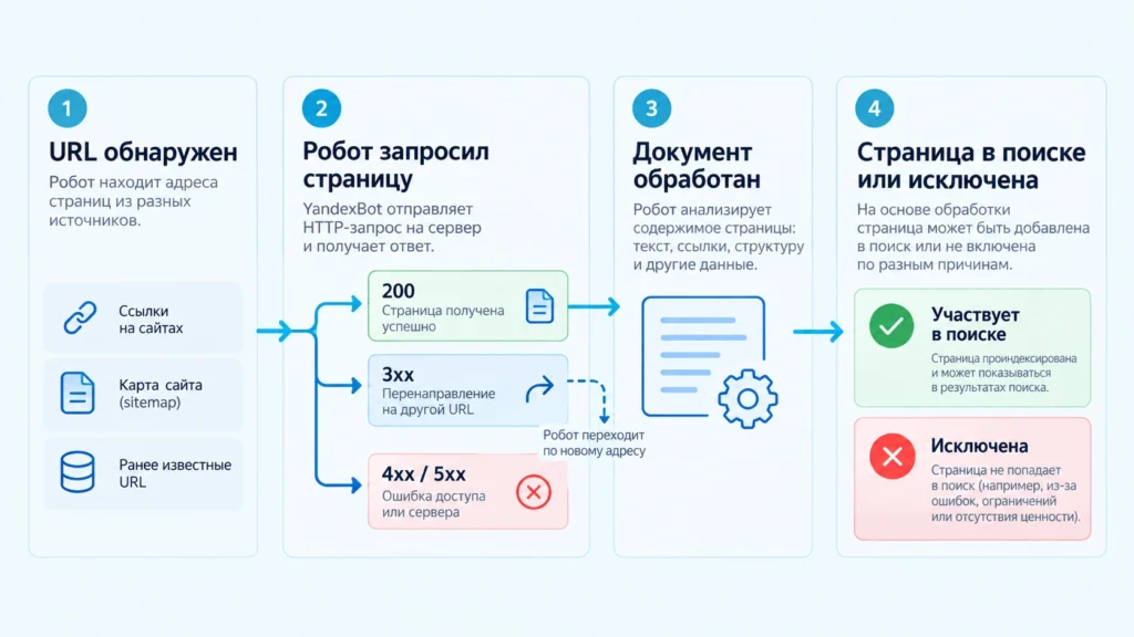 Этапы от обнаружения URL YandexBot до появления страницы в поиске