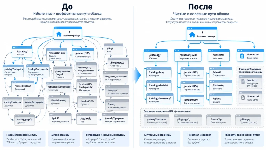 Сравнение избыточного и очищенного обхода сайта YandexBot