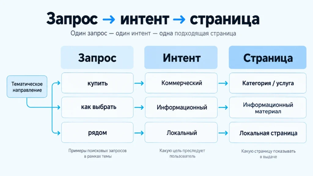 Схема от поискового запроса через интент к подходящей странице
