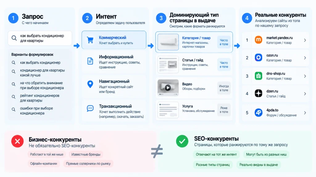 Схема определения SEO-конкурентов через запрос и поисковый интент